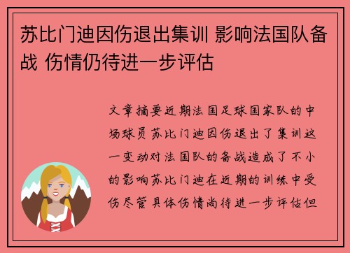 苏比门迪因伤退出集训 影响法国队备战 伤情仍待进一步评估