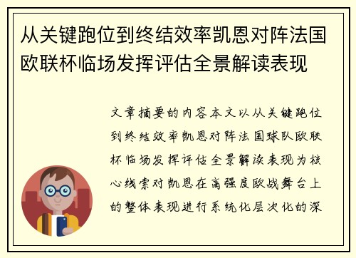 从关键跑位到终结效率凯恩对阵法国欧联杯临场发挥评估全景解读表现
